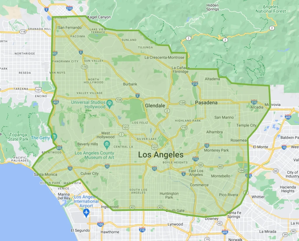 Map highlighting the service area of Wise Pest Control, covering Los Angeles and surrounding cities, emphasizing pest control services availability.